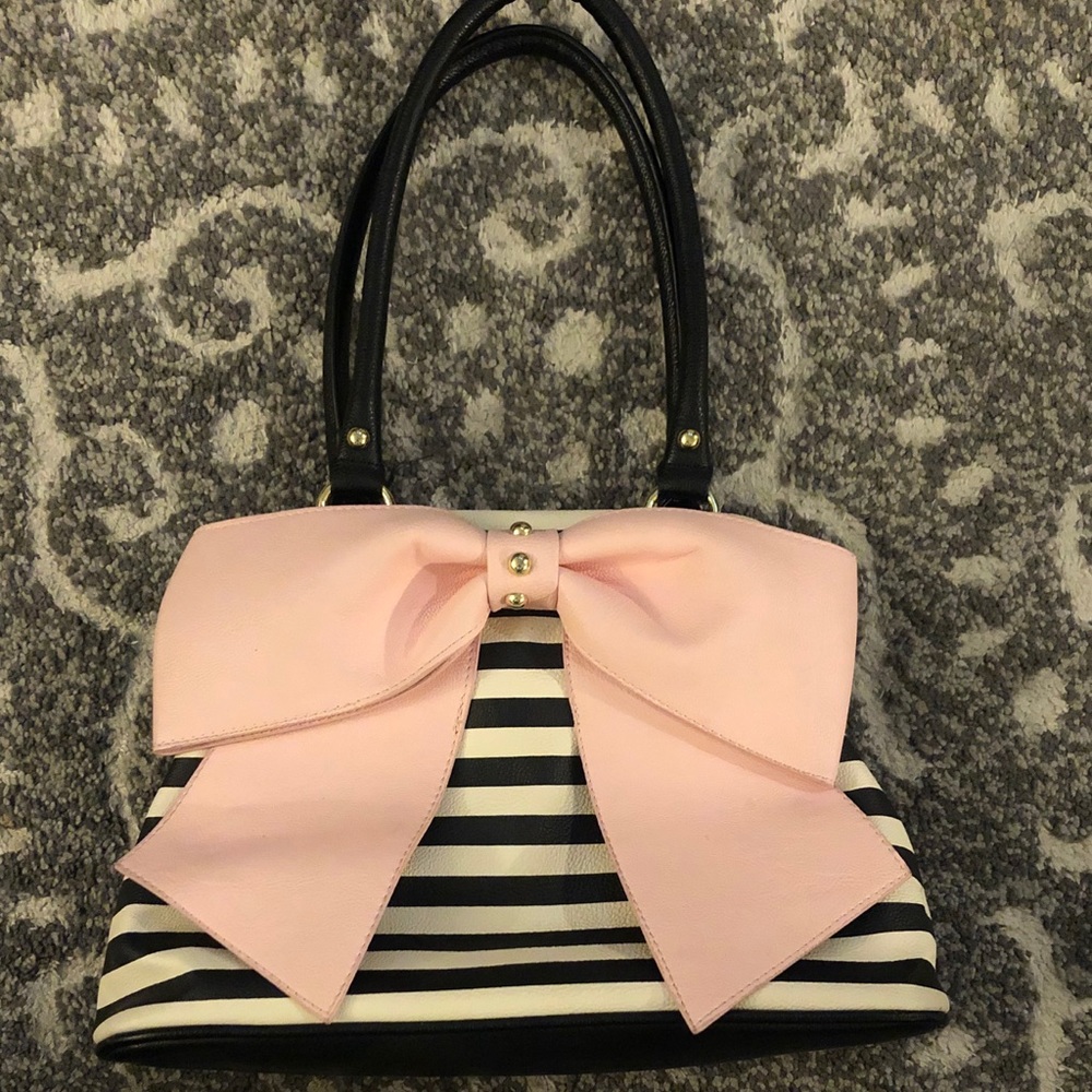 Betsy Johnson Bow Dome Satchel Black Stripe